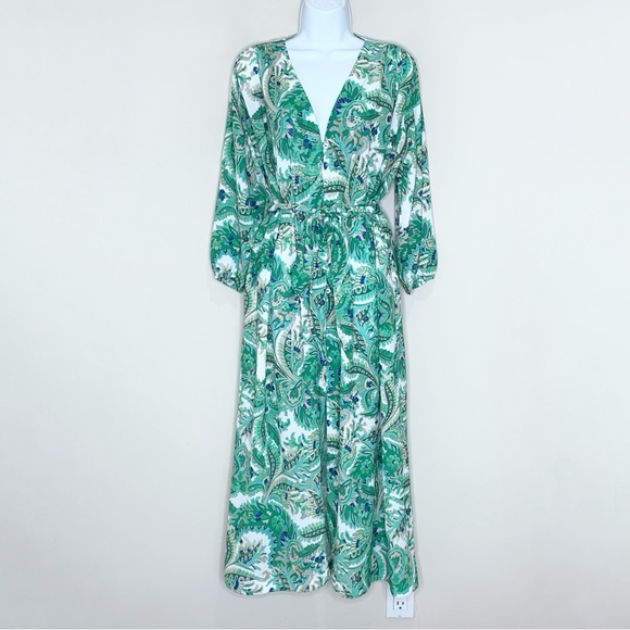 Cara Cara Paris Midi Dress (Sz XS/S) Long Sleeve Tie Waist Scroll Paisley Green